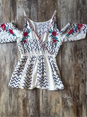 Crazy Train White and Blue Embroidered Top